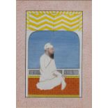 AN INDIAN MINIATURE painted with princely figure dressed in white and kneeling in an interior, 20