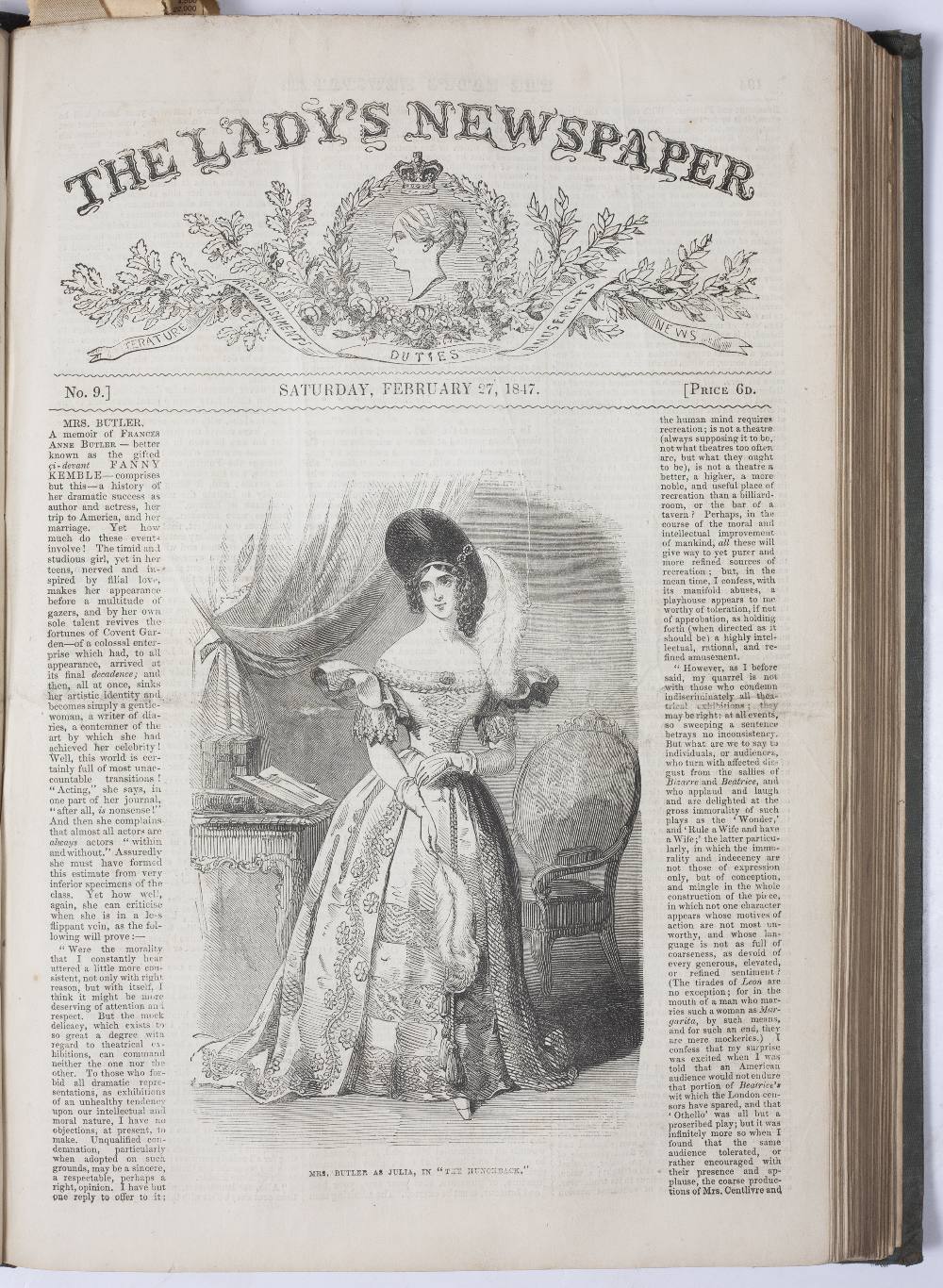 The Lady's Newspaper. January to June 1847. Published by Robert Palmer, London. Small Fo. Green