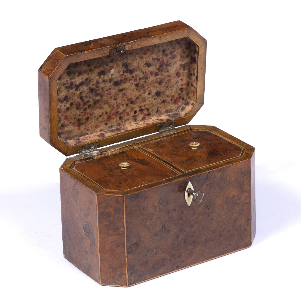 A GEORGE III BURR YEW TEA CADDY of rectangular form with canted corners, hinged lid and twin - Image 2 of 4