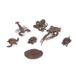 A BRONZE MINIATURE FIGURE OF A OCTOPUS, 7cm long and a collection of further similar bronze