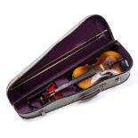 A CZECH STUDENT VIOLIN AND BOW, back length 34cm, cased