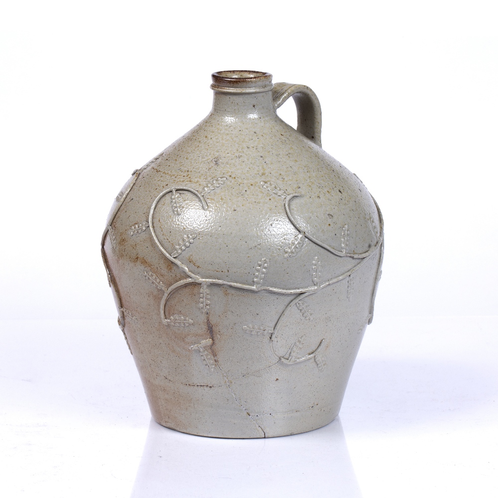 A SALT GLAZED STONEWARE FLAGON relief decorated with trailing scroll oak leaf and branch decoration, - Image 2 of 3