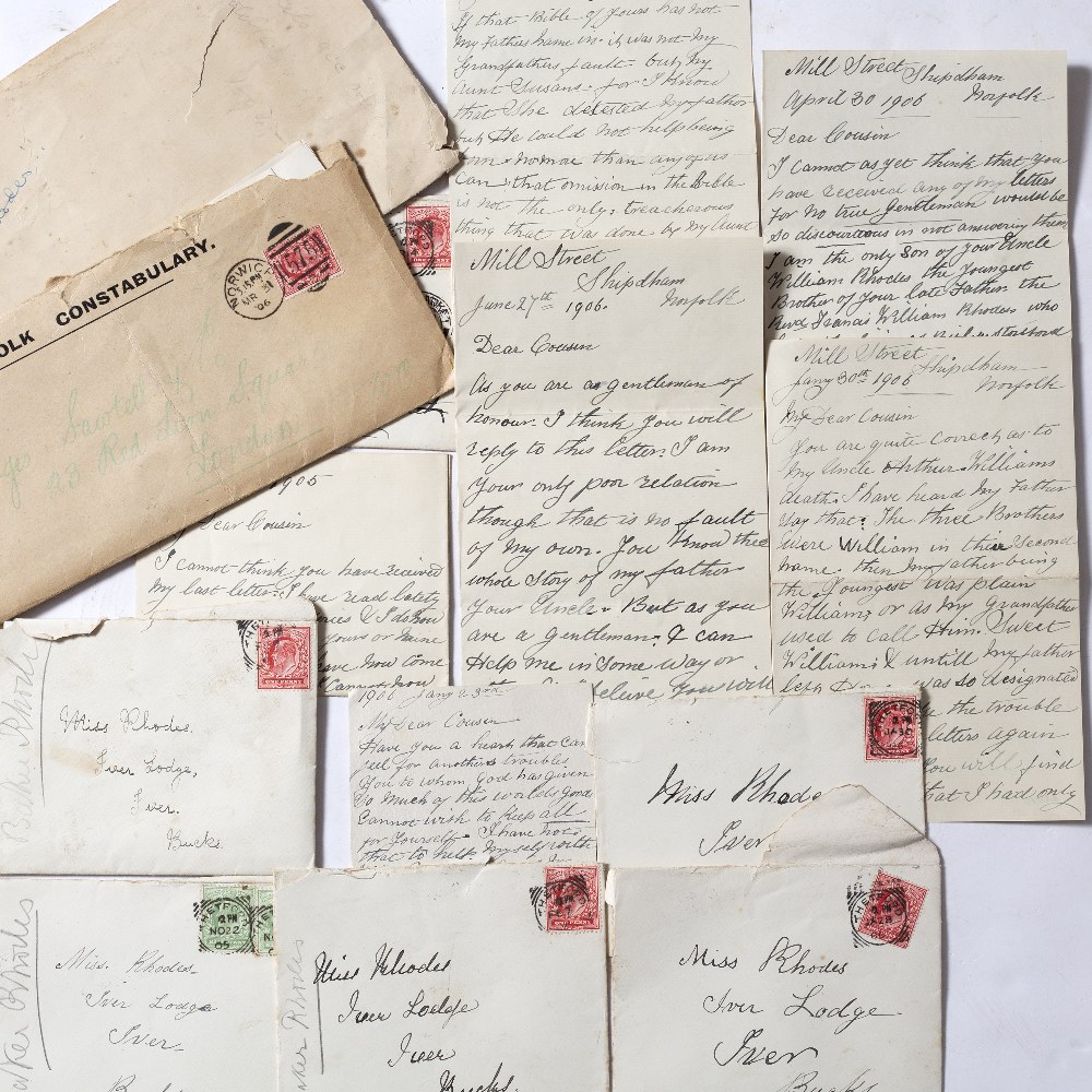 'BAKER' RHODES CORRESPONDENCE A group of thirteen m/s begging letters, six with stamped envelopes