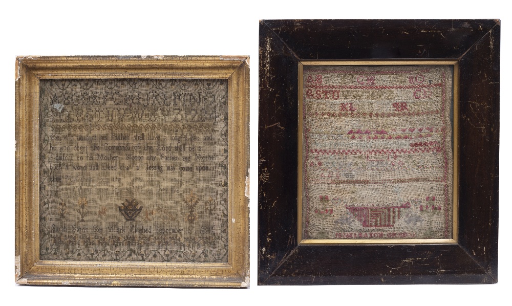 A GEORGE III NEEDLEWORK SAMPLER by Sarah Hardin 1806, worked with alphabet, prose and stylised