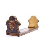 A BLUE AND GILT PAINTED EXTENDING BOOK STAND with fleur de lys ornament, 380mm long closed