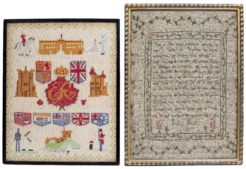 A GEORGE III NEEDLEWORK SAMPLER worked by Sally Keill and dated 1781 woven with a wise saying within