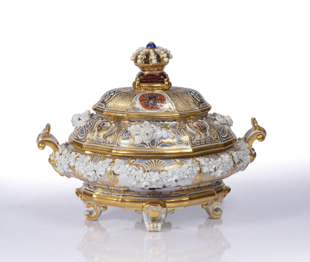 A MEISSEN SHAPED OVAL AND GILDED TUREEN AND COVER in the 18th Century style with crown finial