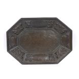 A VICTORIAN OCTAGONAL BRONZE PATINATED TRAY with formal decoration within panels to the sides, 33