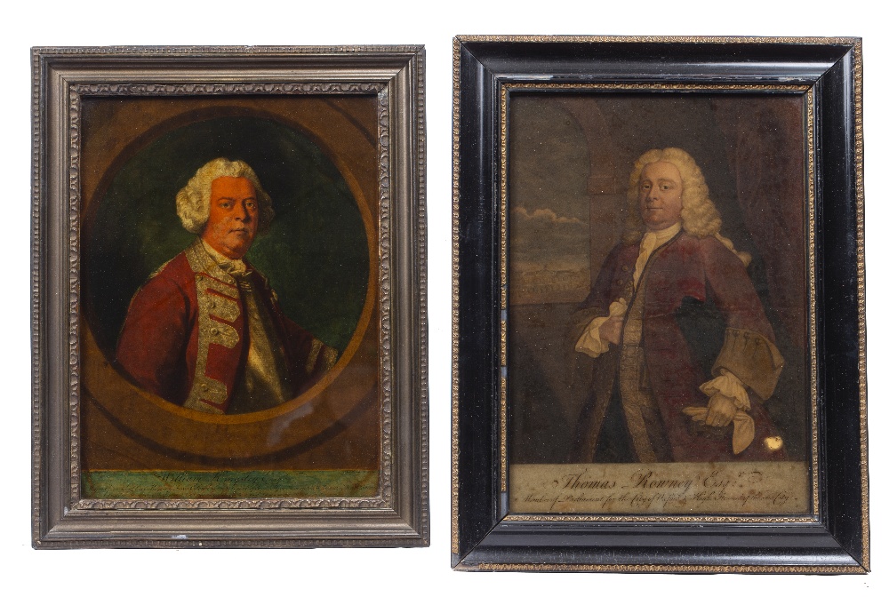 A GEORGE III HAND COLOURED REVERSE PRINT ON GLASS: 'William Kingsley Esq', 33.5 x 25cm; and