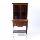 AN EDWARDIAN MAHOGANY GLAZED FRONT CABINET ON STAND, the frieze decorated with repeating motif and