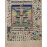A MEDIEVAL FRENCH ILLUMINATED MINIATURE OF THE CRUCIFIXION, Christ on the Cross set in a pastoral