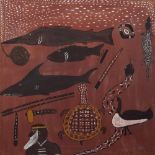 AN AUSTRALIAN ABORIGINAL PAINTING, probably Western Australia, depicting native fish, animals and