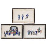A SET OF THREE CHINESE RICE PAPER PICTURES of figural subjects, 23 x 35cm (3)