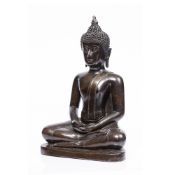 A LARGE BRONZE BUDDHA seated upon a stepped base with holes for attachment to a larger architectural
