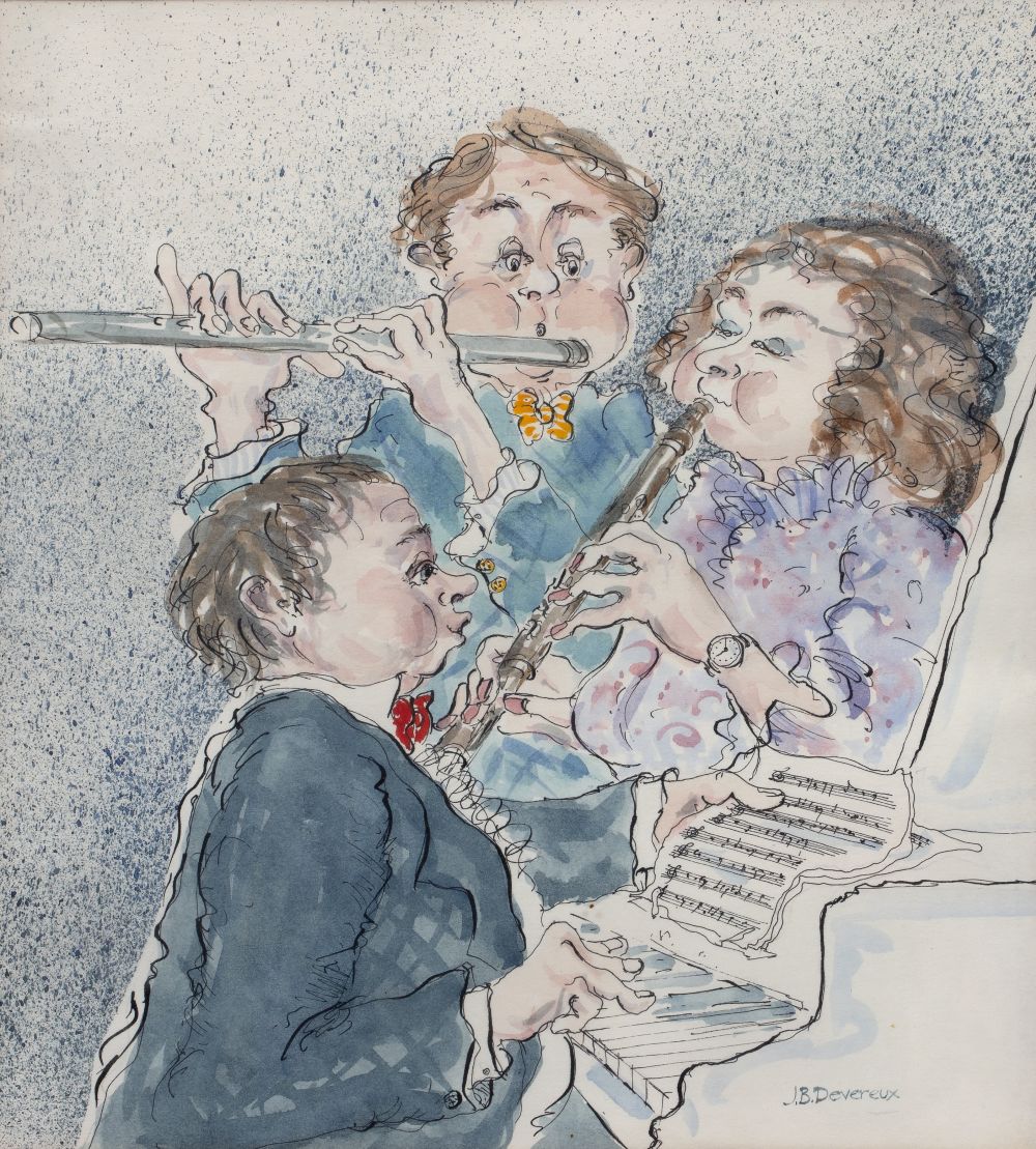 JACKIE DEVEREUX (20TH CENTURY) A Musical Trio, signed, pencil, ink and watercolour, 22.5 x 20.5cm
