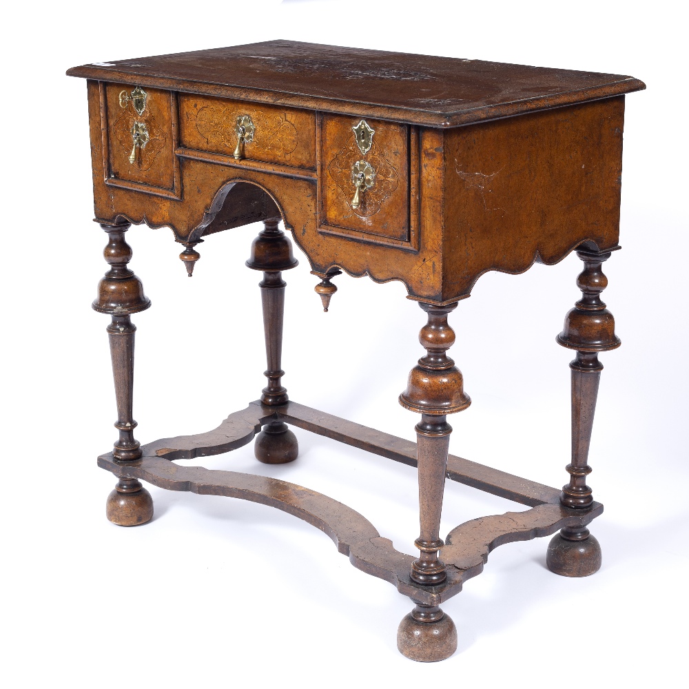 AN 18TH CENTURY STYLE WALNUT AND INLAID LOWBOY, the top and drawers with foliate marquetry angles, - Image 2 of 5