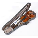 A LATE 19TH CENTURY GERMAN VIOLIN with single piece back, unlabelled, back length 36cm, with bow,