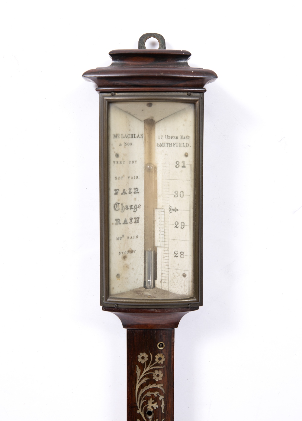 A VICTORIAN ROSEWOOD BOW FRONT STICK BAROMETER the angled ivory scale signed McLachlan & Son, 17 - Image 2 of 2