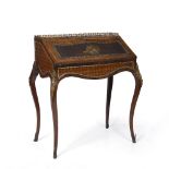 A LOUIS XV STYLE ROSEWOOD AND PARQUETRY DECORATED BUREAU DE DAME, the top with a pierced brass