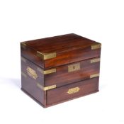 A GEORGE III MAHOGANY AND BRASS MOUNTED TABLE TOP BOX with hinged lid, drawer below and recessed