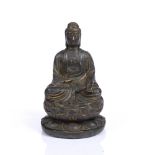 A CHINESE BRONZE MODEL OF A SEATED BUDDHA, on a triple lotus base 19cm high