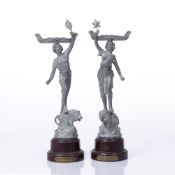 A PAIR OF FRENCH SPELTER FIGURES, La Force and Le Pouvoir, each on a bakelite socle, 34cm high