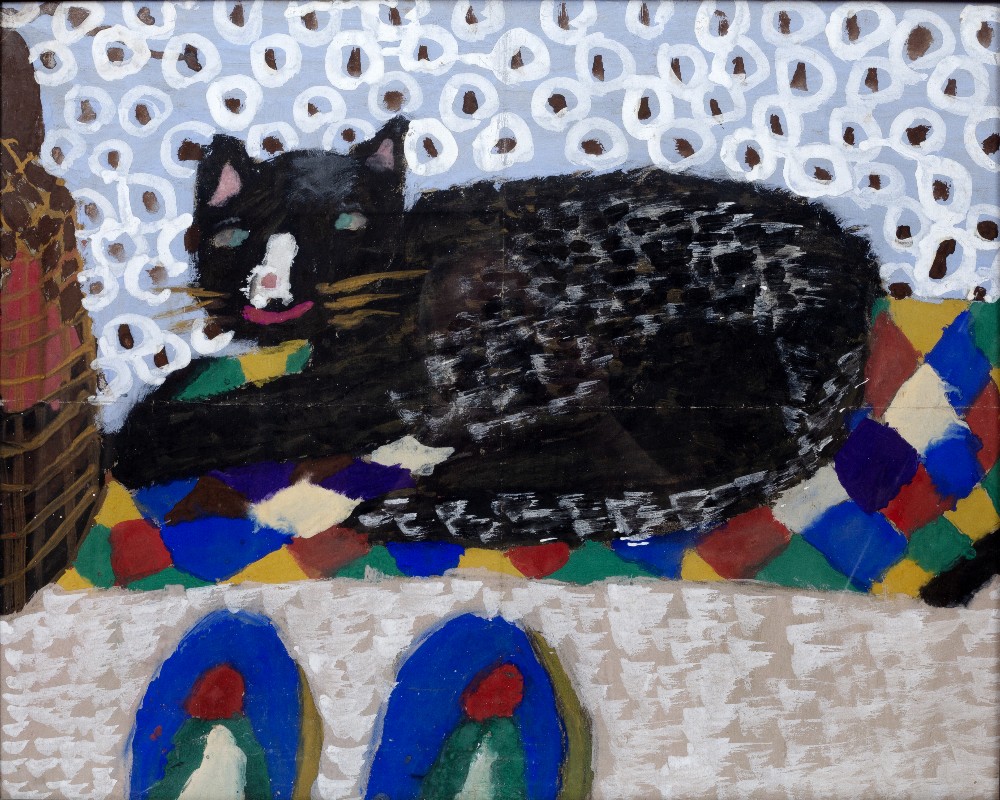 NAIVE/PRIMITIVE SCHOOL: Study of a recumbent black cat with white nose 'Cats Corner', poster paint