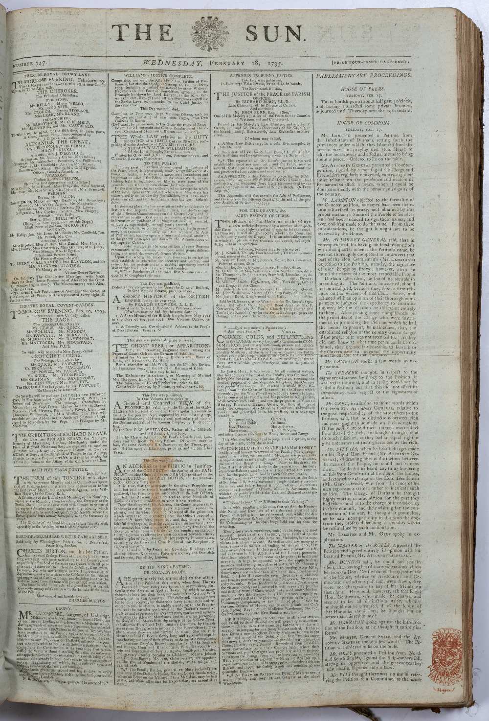 The Sun Newspaper, Thursday Jan 1 1795 (price Four-pence halfpenny) - Tuesday June 30 1795. - Image 2 of 2