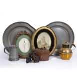 A PAIR OF 19TH CENTURY PEWTER PLATES, 42cm diameter, five further pewter items, a Regency silkwork