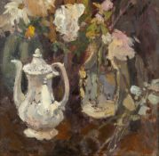 Sheila MacMillan (1928-2015) White Jug and Flowers, 1983 signed and dated (lower left) oil on
