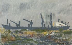 Derek Inwood (1925-2012) Immingham Docks signed (lower right) oil pastels 24 x 40cm.