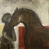 Yankel Feather (1920-2009) Leading the Horse signed oil on board 123 x 122cm, unframed.