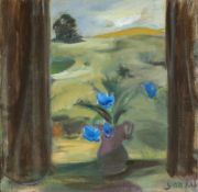 Yankel Feather (1920-2009) Vase of Blue Flowers in front of a Landscape signed (lower right) oil