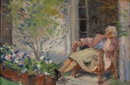 Hermione Hammond (1910-2005) A Garden Snooze signed and inscribed (lower) oil on board 21.5 x 33.