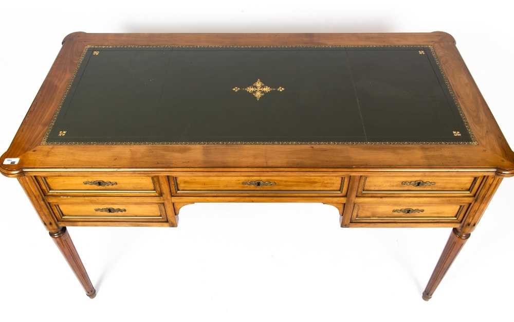 A continental hardwood desk with a green leather inset top, five drawers and turned and fluted legs, - Image 3 of 6