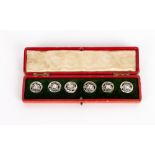 A set of six white metal art nouveau buttons with original box and numbered 352928, each 1.7cm