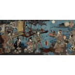 19th Century Japanese woodblock triptych 'Untitled', 35cm x 74cm overall Condition: some creases,