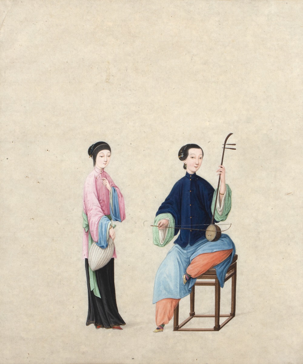 Set of four Gouache studies Chinese, 19th Century depicting a women playing a variety of musical - Image 2 of 12