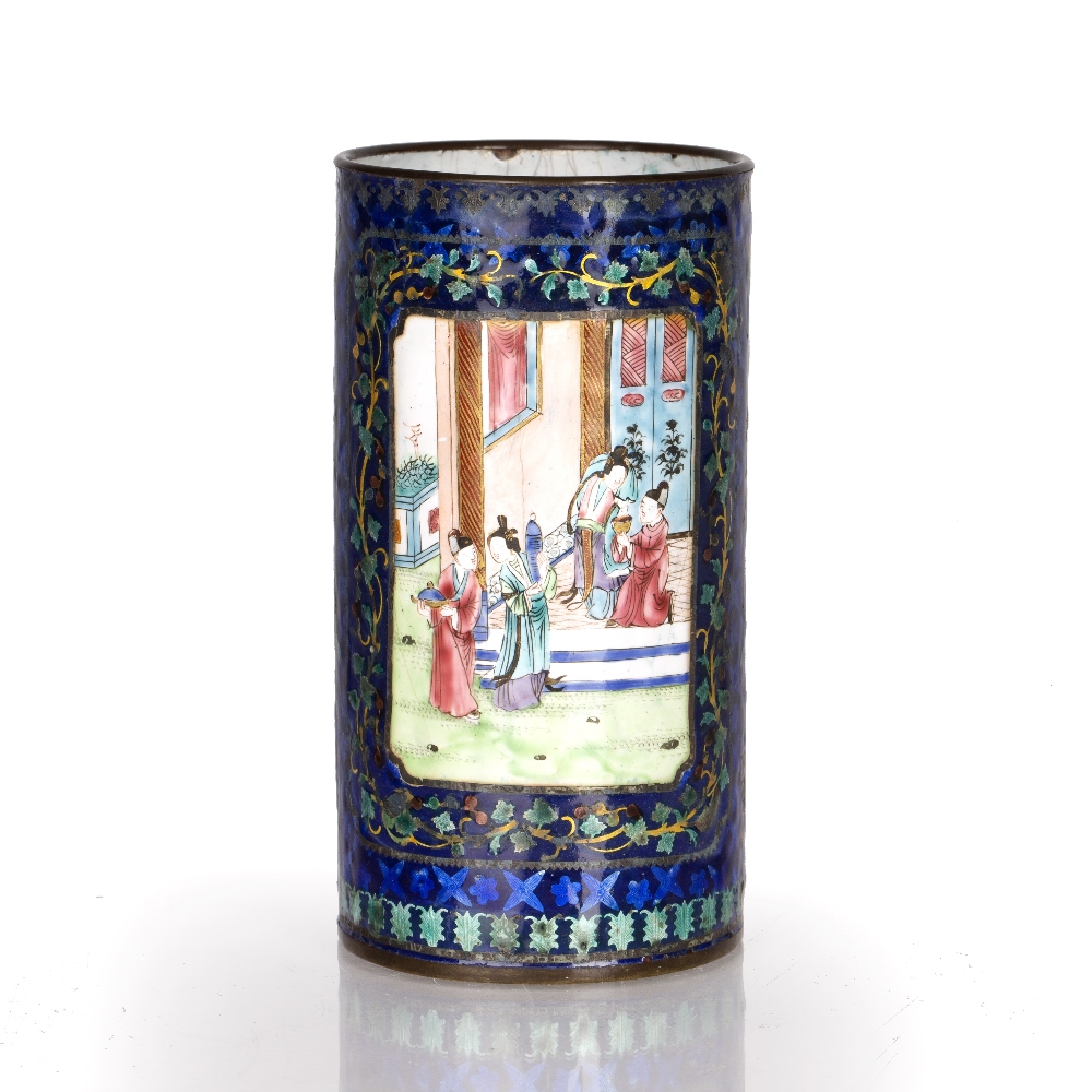 Enamel brush pot Chinese, 19th Century painted with two panels of courtiers and attendants, within a - Image 2 of 2