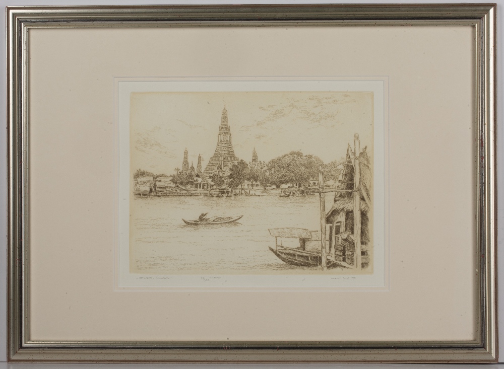 M Deja (Contemporary) 'Vat Arun, Bangkok' etching, numbered 77/300, signed in pencil lower right, - Image 2 of 3