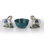 Pair of glazed model horses Qajar each polychrome glazed, 19cm and a Kashan bowl, 22cm (3)