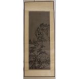 Painted scroll Chinese in the Ming style, depicting a mountainous landscape, with red seal marks,