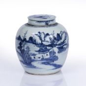 Lidded blue and white ginger jar Chinese, 18th Century decorated to the body depicting pagodas