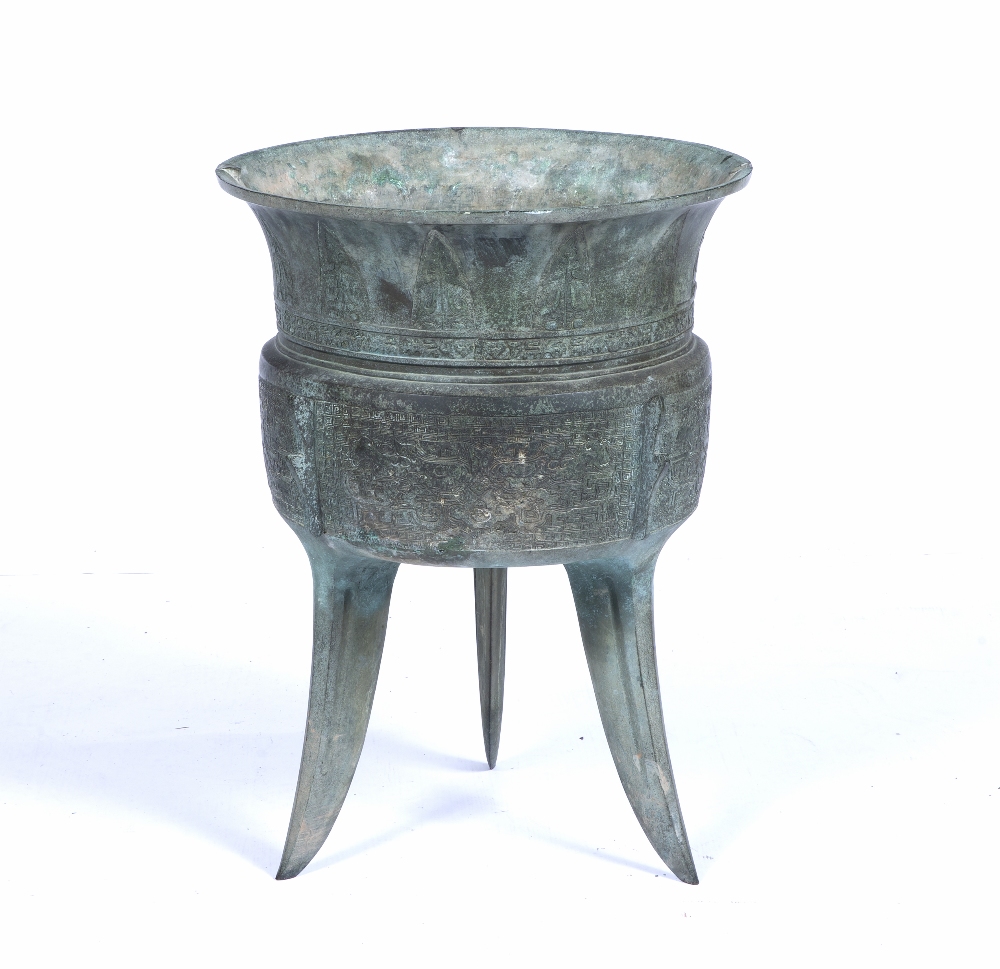 Large archaic bronze vessel, Jia Chinese, 18th/19th Century raised on three tapering blade supports, - Image 2 of 3