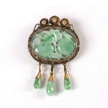 Jade enamel brooch Chinese with a central inset jade plaque carved as flowers, with three jade drops