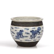 Canton blue and white jardiniere Chinese, 19th Century decorated to the body depicting dogs of fo