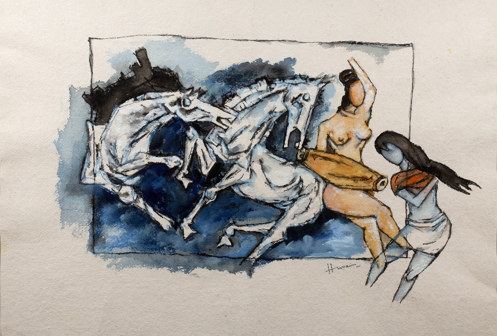 Maqbool Fida Husain (1915-2011) Untitled, Horses, 2003, watercolour on paper, framed and glazed,