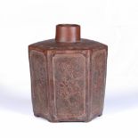 Yixing tea caddy Chinese of hexagon form, with each side modelled in relief with flowering tree