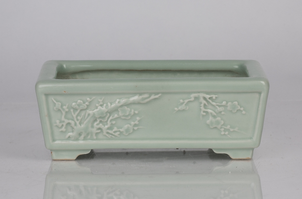 Celadon rectangular jardiniere Chinese each side with moulded decoration depicting flowering trees - Image 3 of 5