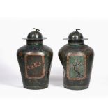 Pair of green square section cloisonne vases Japanese each with foliate designs, 48cm high